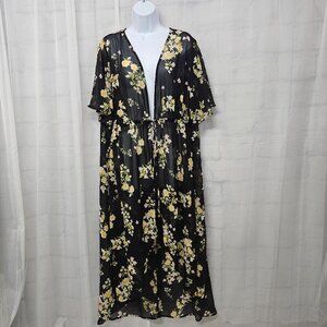 3RD + Malt Kimono Cover Black Yellow Floral Sheer Boho Festival Cottage 2X NWT